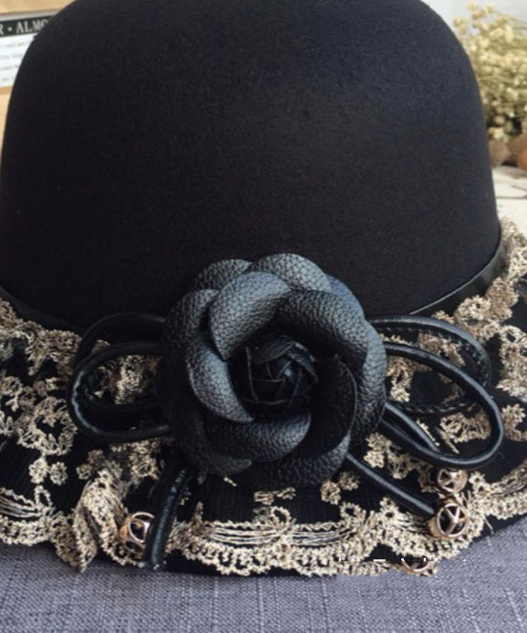 Black Lace Patchwork Woolen Bucket Hat