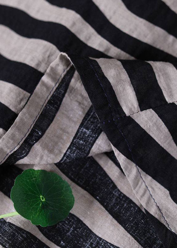Black Loose O-neck Ruffled Fall Striped Shirt Top Half Sleeve
