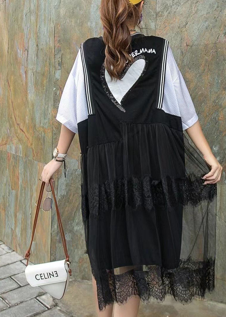 Black Nail Bead Print Asymmetrical Design Patchwork Fall Mid Dress Half Sleeve