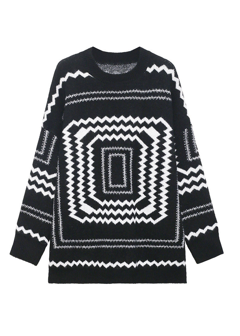 Black O-neck Plaid Cozy Thick Knit Sweater Winter