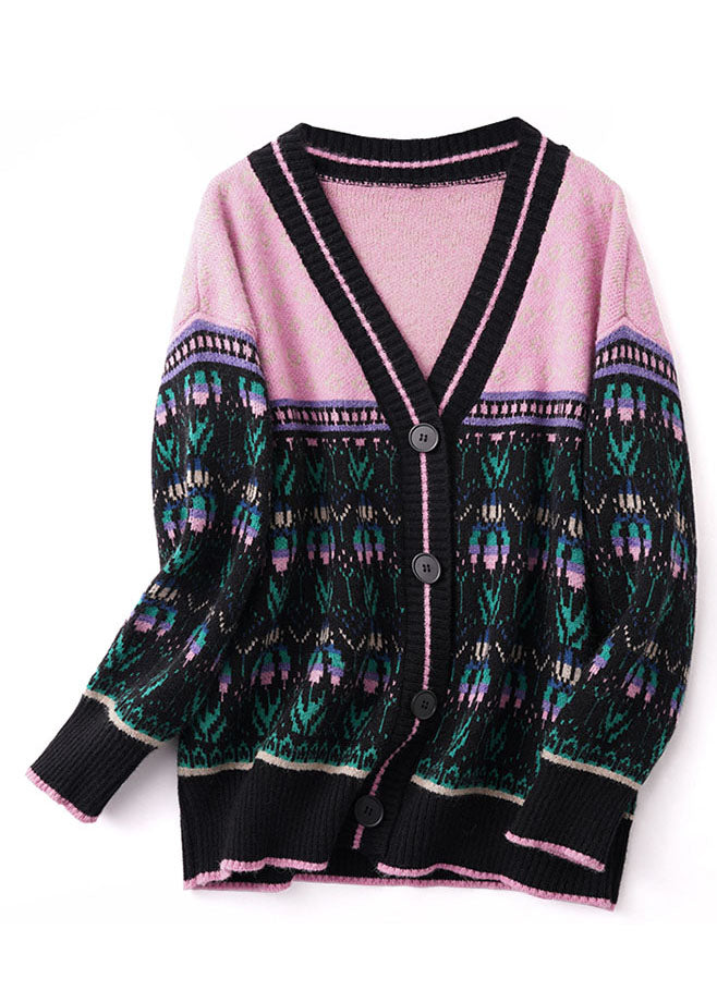 Black Pink Oversized Patchwork Lazy Knit Cardigan Winter
