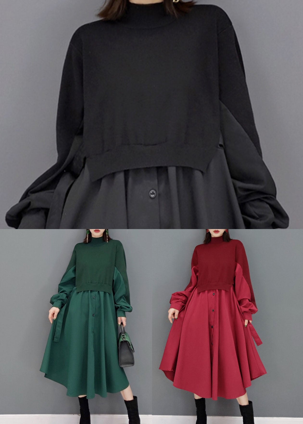 Black Turtle Neck Patchwork Cotton Vacation Dresses Long Sleeve