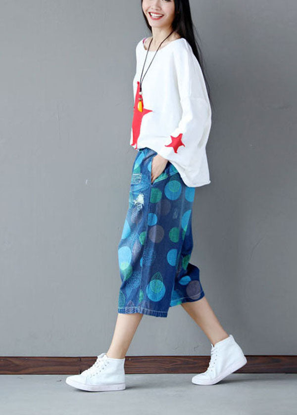 Blue Elastic Waist Dot Print Cotton Wide Leg Crop Pants Summer