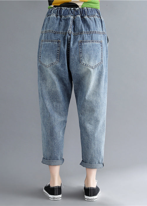 Blue Elastic Waist Patchwork Applique Denim Pants Spring