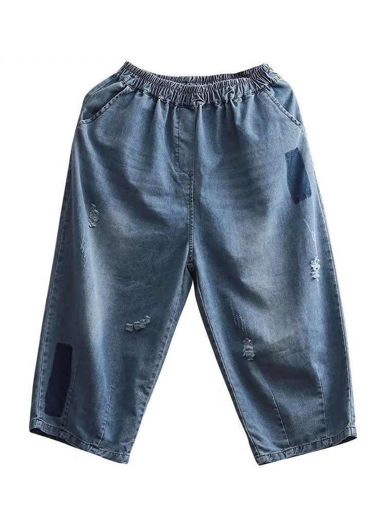 Blue Elastic Waist Pockets Patchwork Applique Hole Cotton Crop Pants Summer