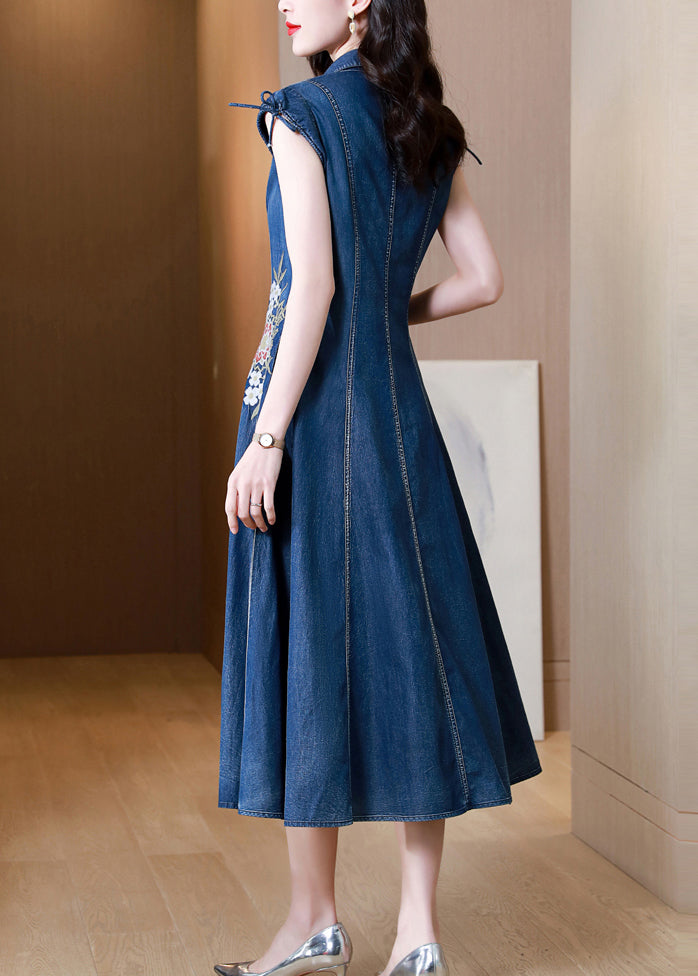 Blue Embroidered Pockets Patchwork Denim Dresses Summer