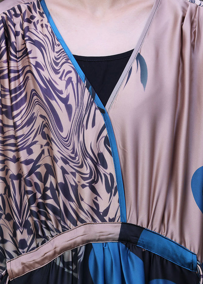 Blue V Neck Patchwork Print Drawstring Pockets Silk Dress Long Sleeve