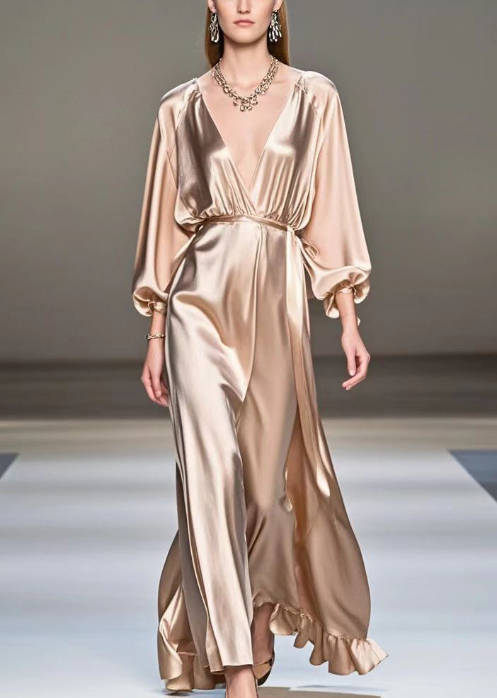 Champagne V Neck Ruffles Silk Long Dresses Spring