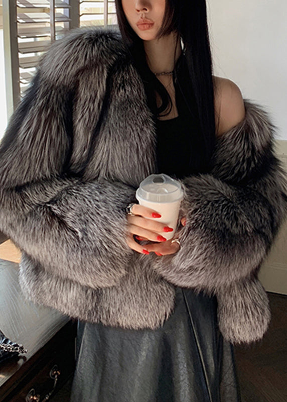 Dark Grey Peter Pan Collar Leather and Fur Coats Spring