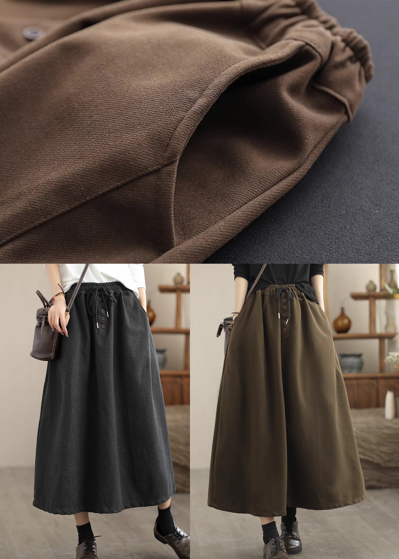 Dull Grey Drawstring Exra Large Hem Woolen Skirt Spring