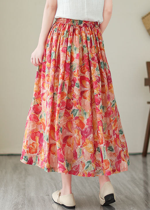 Wrinkled Pockets Elastic Waist Patchwork Linen Skirts Summer
