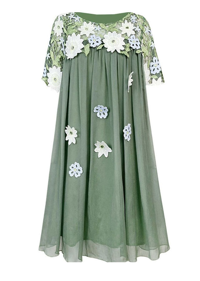 Green O-neck Embroideried Patchwork Tulle Mid Dresses Short Sleeve