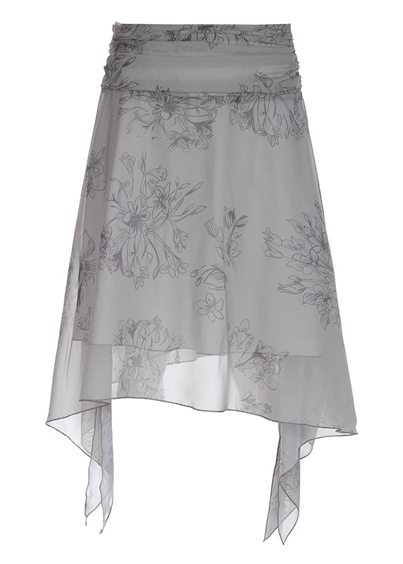 Grey Asymmetrical Print Patchwork Chiffon Skirt Summer