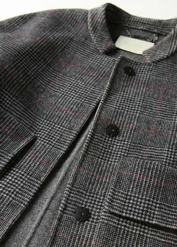 Grey Plaid Retro Loose Pockets Button Fall Winter Coat