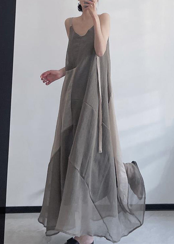 Grey V Neck Asymmetrical Design Patchwork Linen Spaghetti Strap Dress Sleeveless