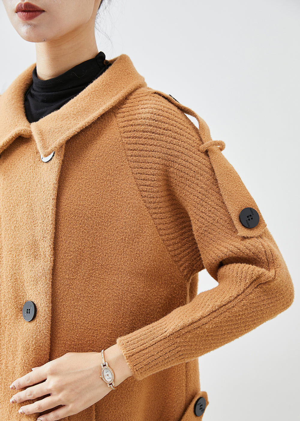 Light Camel Double Breast Patchwork Knit Woolen Trench Coats Fall