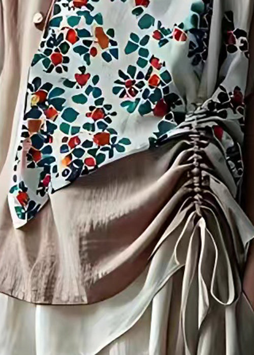 Light Pink Print Drawstring Cotton Shirt Summer