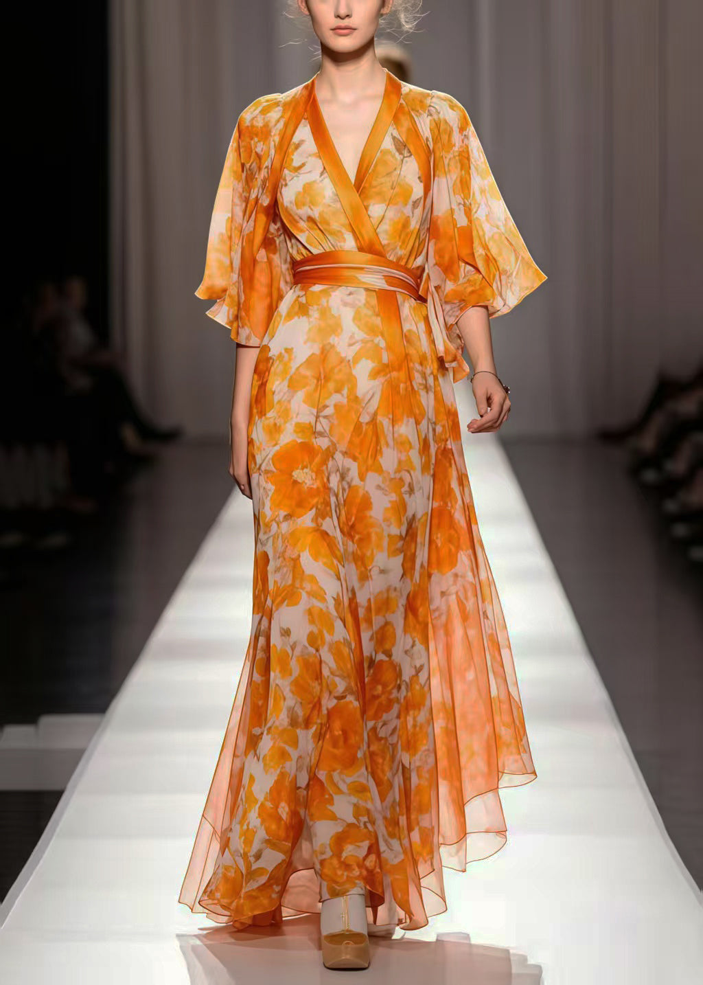 Orange Cinched Print Chiffon Vacation Dresses Summer