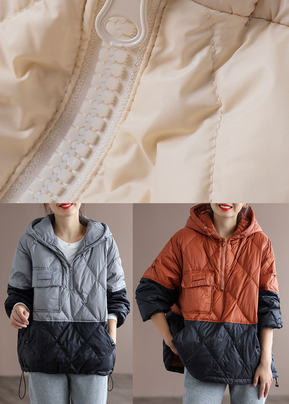 Orange Patchwork Black Hooded Loose Winter Down Coat