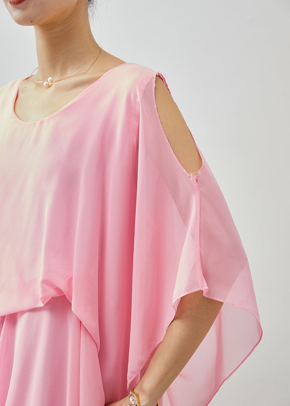 Pink Asymmetrical Cold Shoulder Chiffon Beach Dresses Summer
