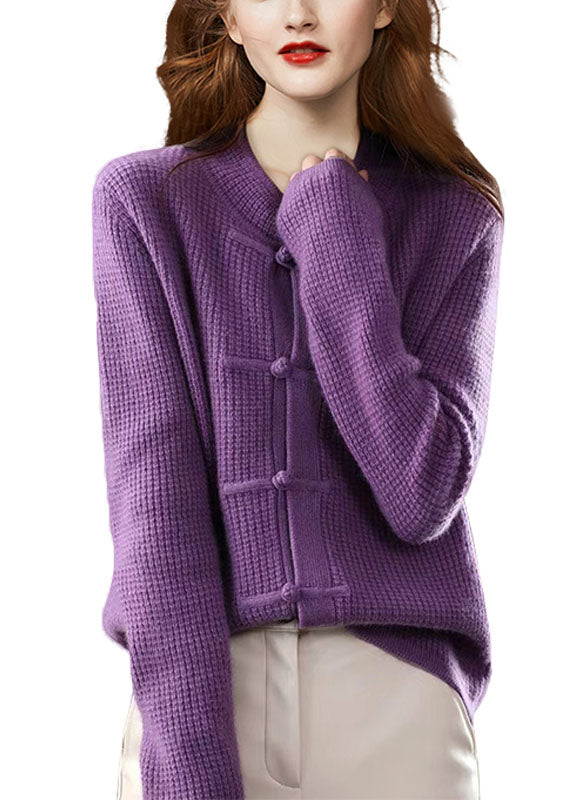 Purple O-neck Oriental Button Wool Knit Cardigans Winter