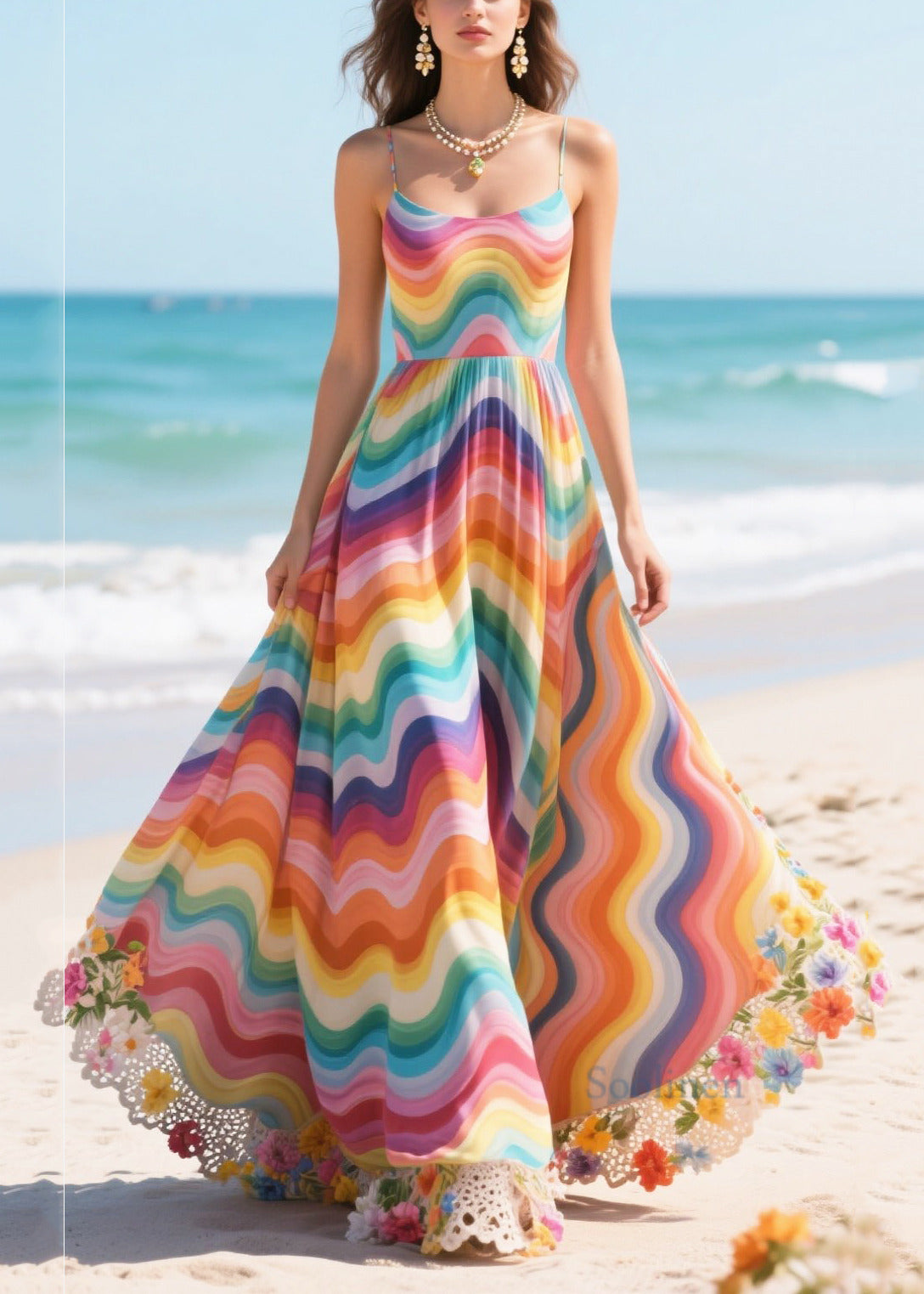 Rainbow Patchwork Flower Lace Chiffon Sundress Summer