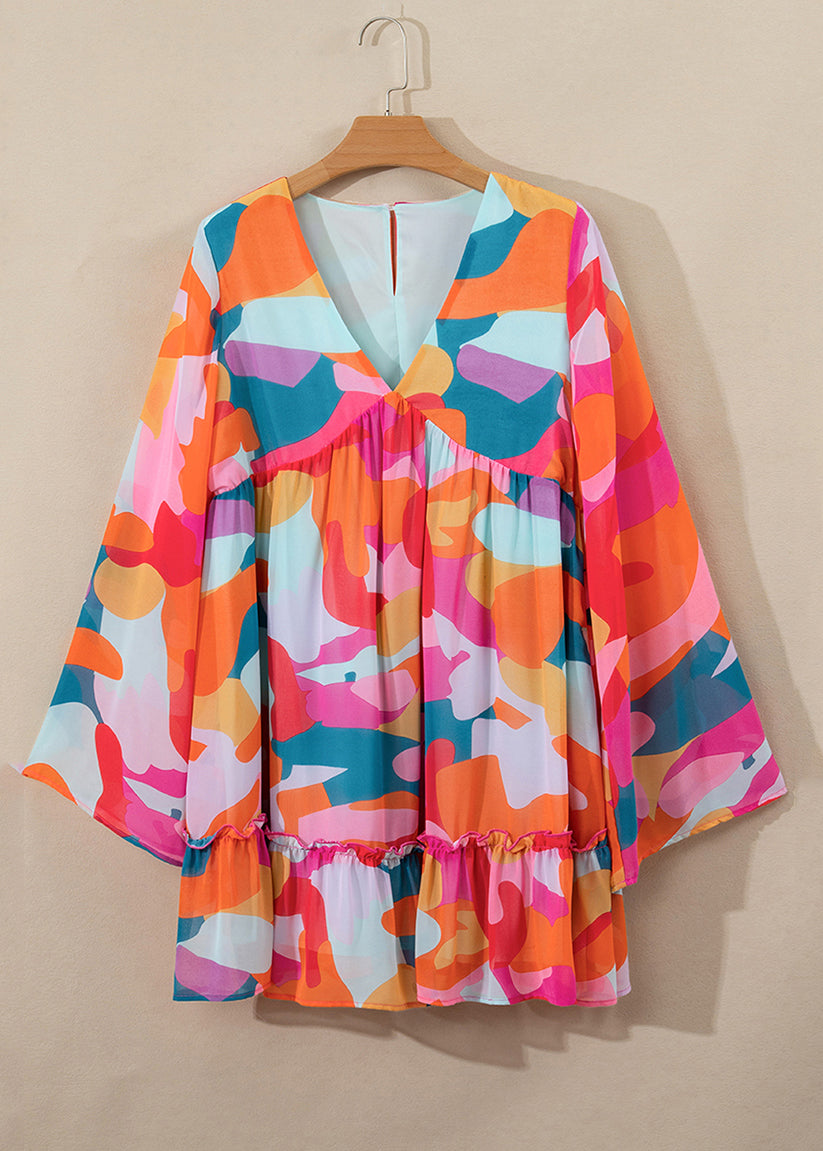 Red Print Wrinkled Chiffon Mid Dresses Fall
