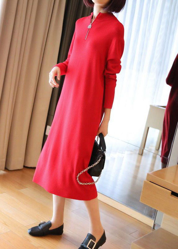 Red Stand Collar Zip Up Knit Maxi Dresses Spring
