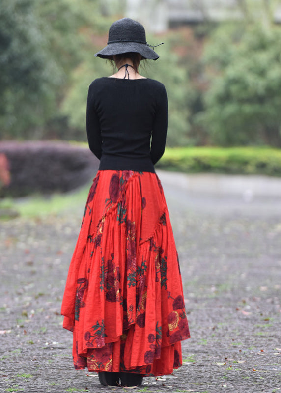 Red Wrinkled Asymmetrical Print Lace Up Cotton Maxi Skirt Spring