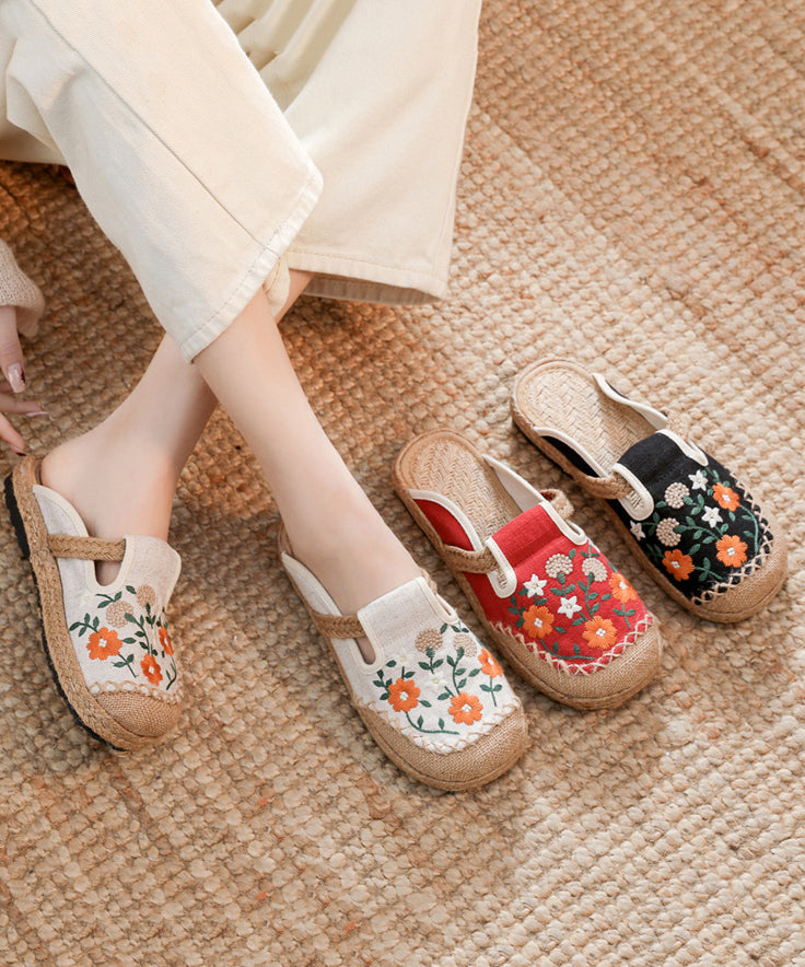Retro Black Linen Fabric Embroidery Slide Sandals