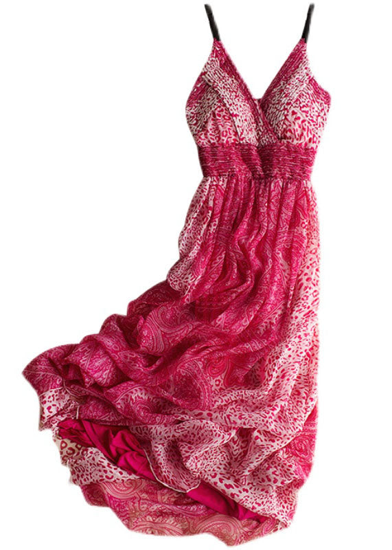 Rose Print Wrinkled Patchwork Silk Spaghetti Strap Dress Sleeveless