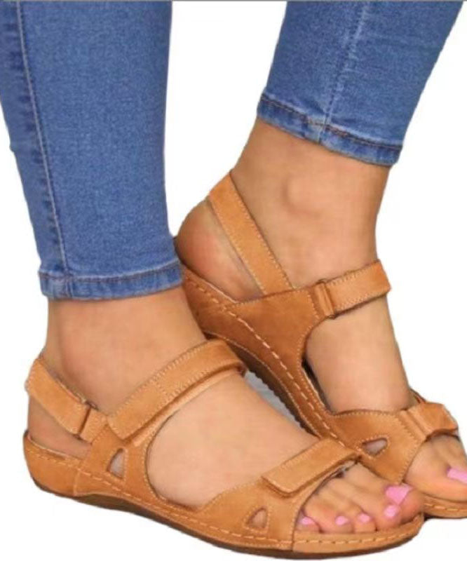 Splicing Peep Toe Wedge Sandals Brown Faux Leather