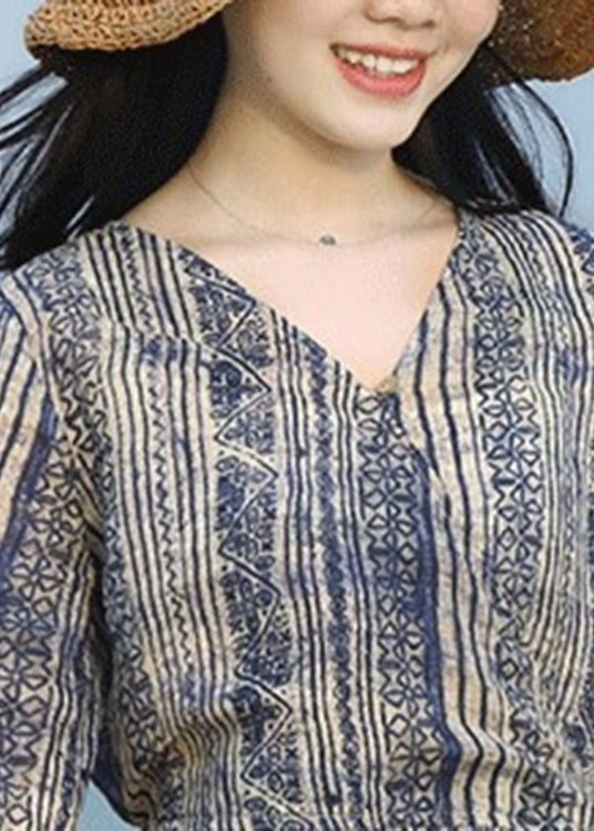 V Neck Striped Print Patchwork Ramie Long Dress Summer