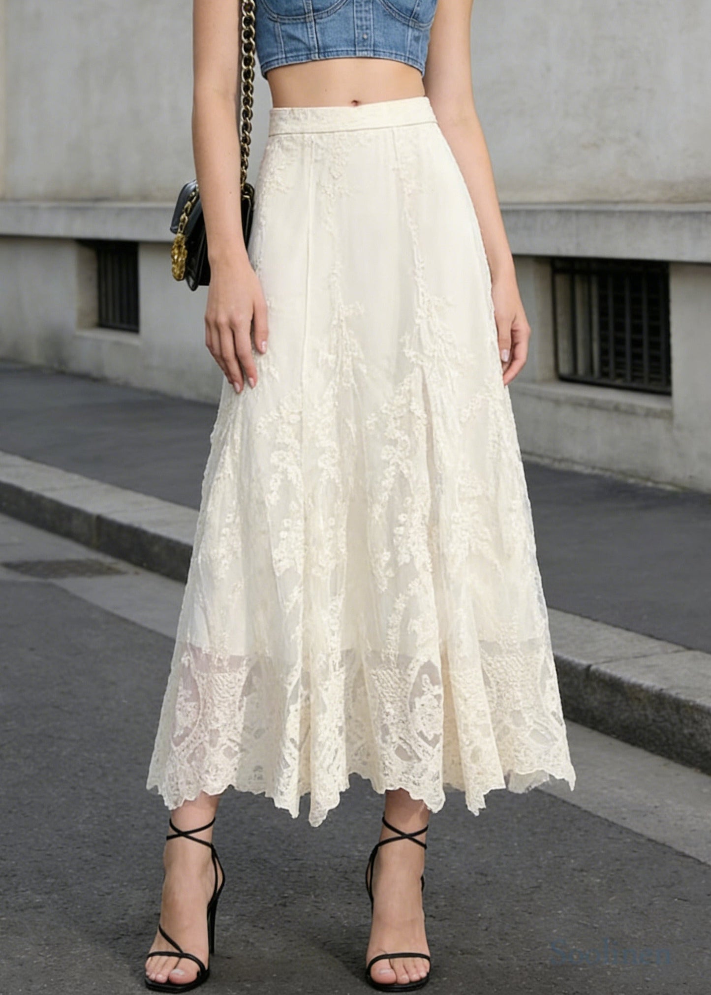 White High Waist Embroidered Lace a Line Skirts Spring