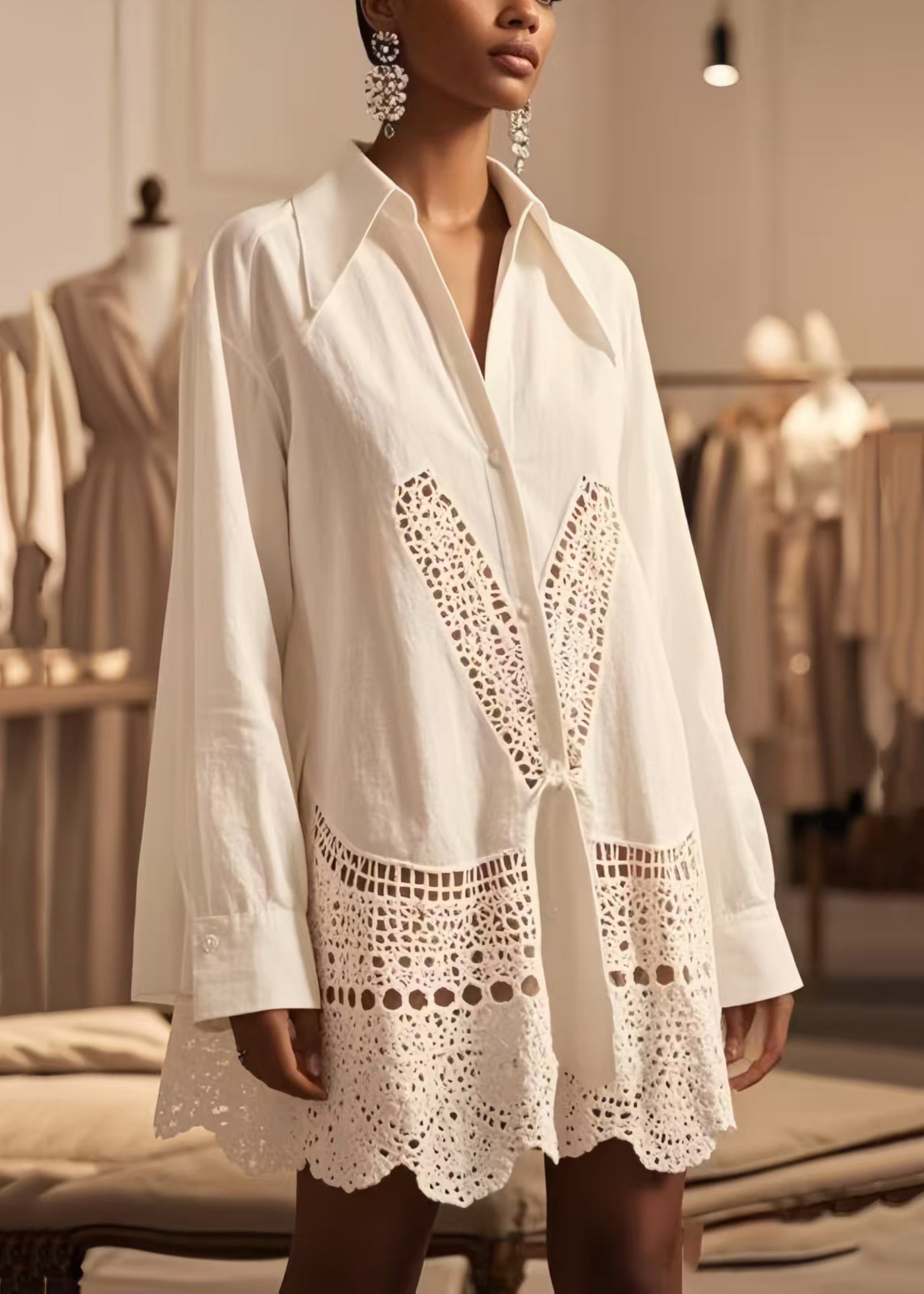 Boho White Oversized Hollow Out Cotton Shirt Tops Spring