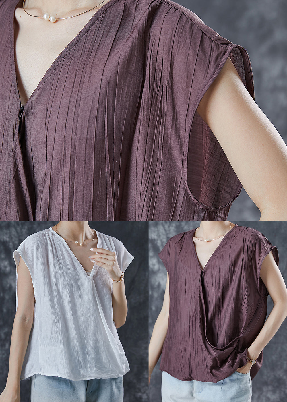 White V Neck Wrinkled Linen Tops Summer