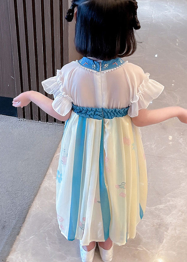Boutique Blue Embroideried Cats Patchwork Chiffon Baby Dresses Summer