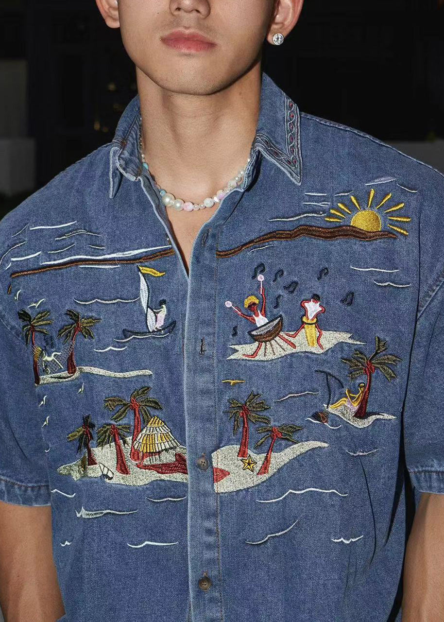 Boutique Blue Embroideried Denim Shirts Summer