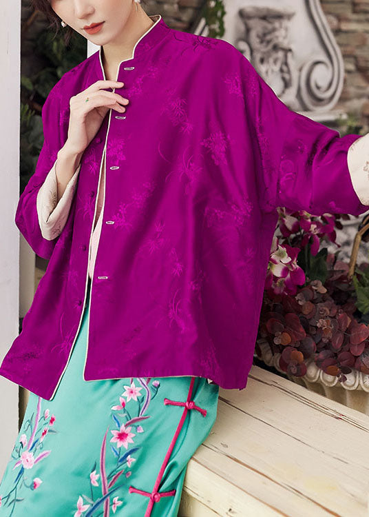 Boutique Colorblock Button Stand Collar Wear on Both Sides Print Silk Coats Spring