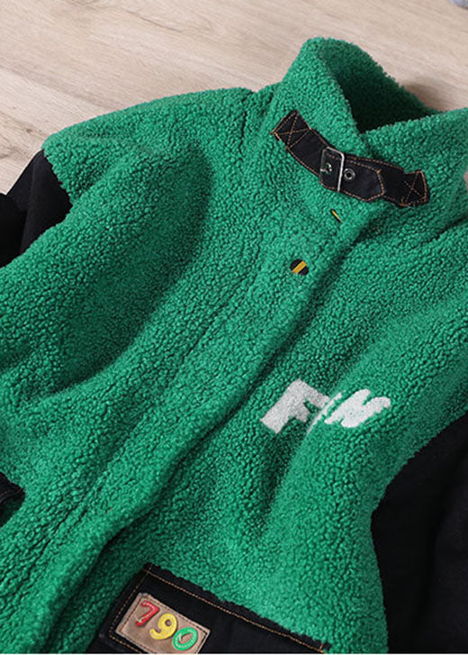 Boutique Green Embroideried Denim Patchwork Faux Fur Jackets Winter