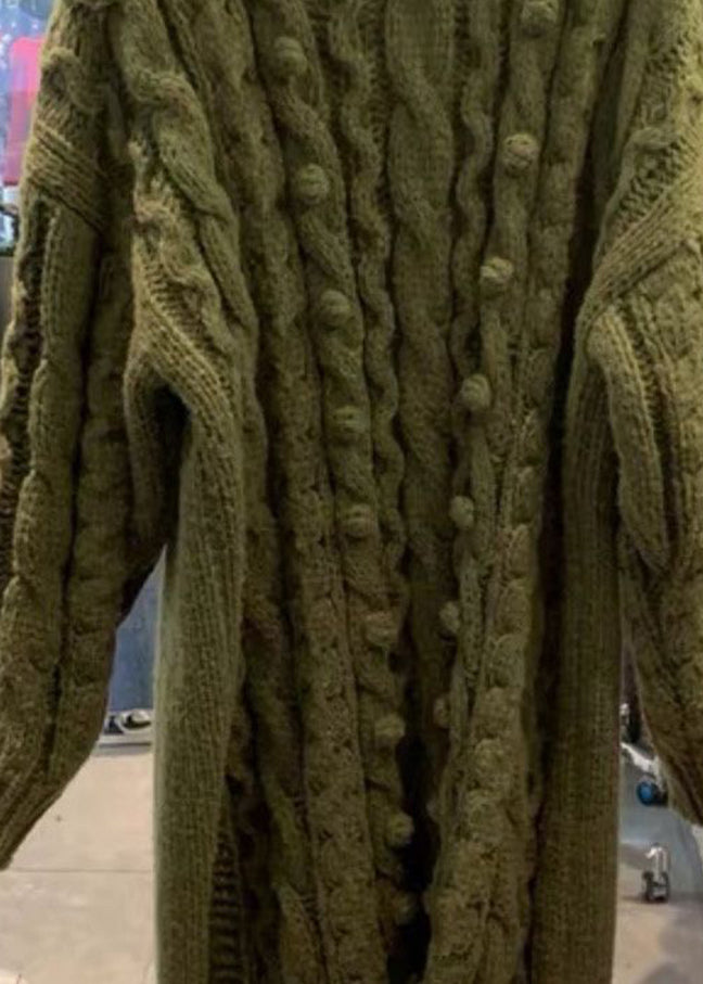 Boutique Green O-neck Side Open Cable Knit Sweaters Dress Long Sleeve