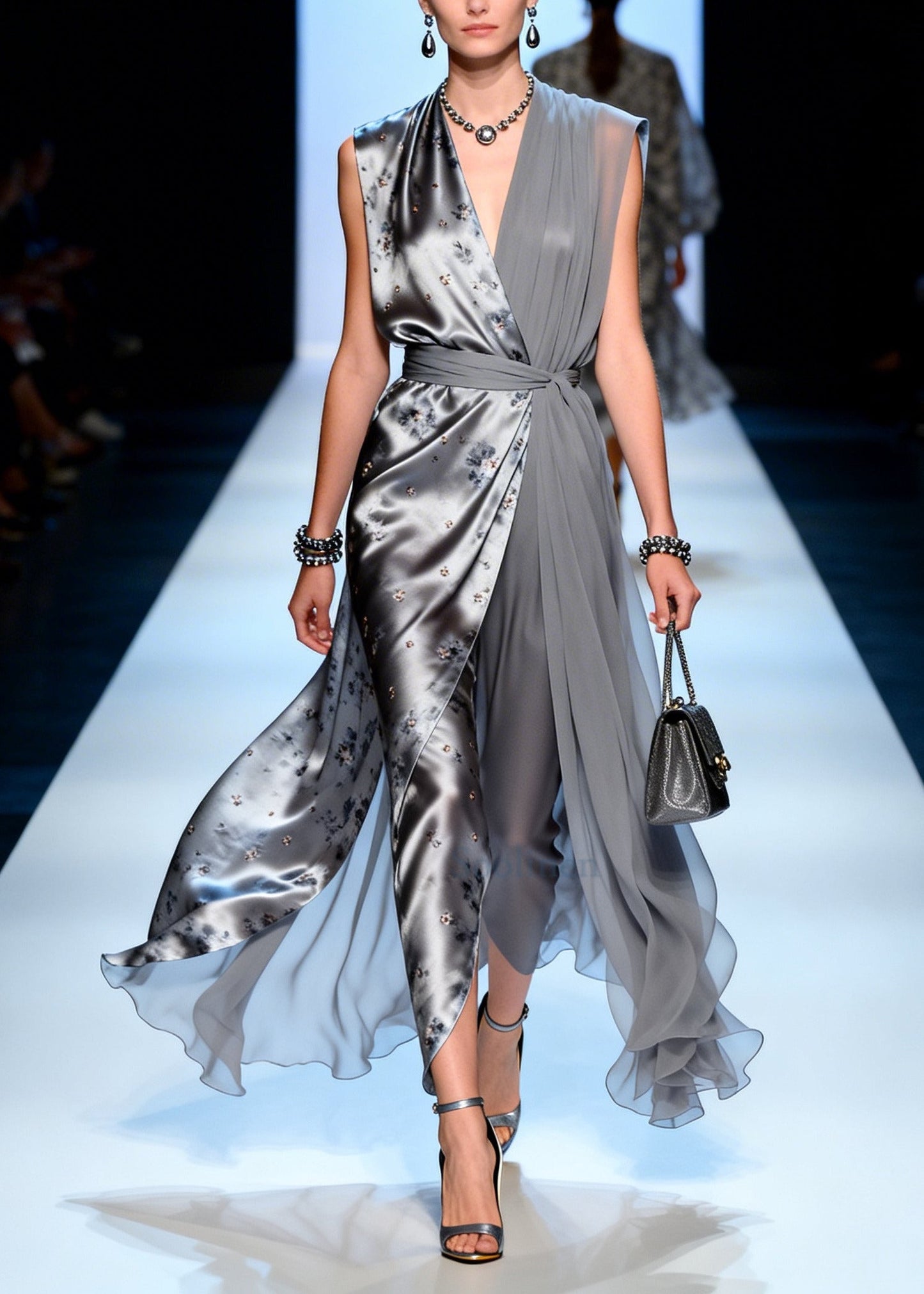 Boutique Grey Asymmetrical Print Chiffon Tunic Dress Summer