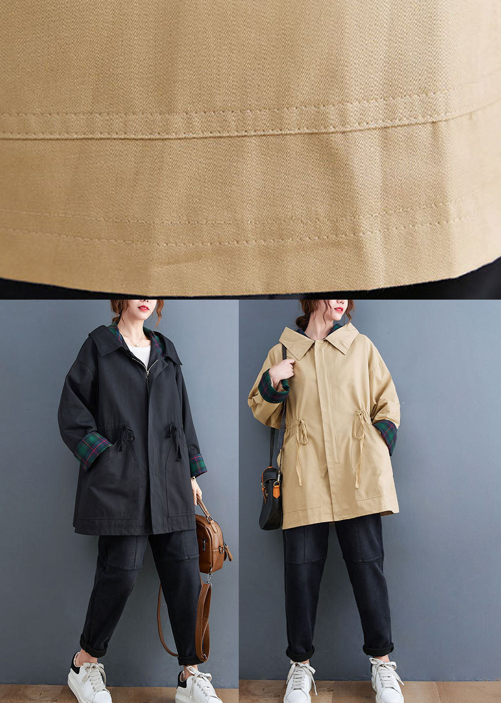 Boutique Khaki Pockets Drawstring Fall Hoodie Coat