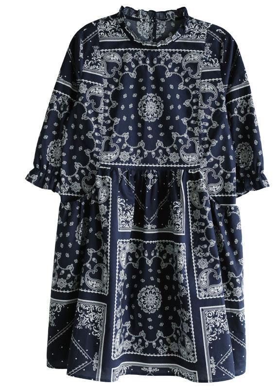 Boutique Navy Loose O-neck Print Summer Cotton Dress Half Sleeve