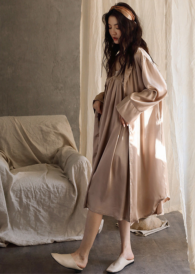 Boutique Pink Patchwork Button Ice Silk Maxi Dress Spring