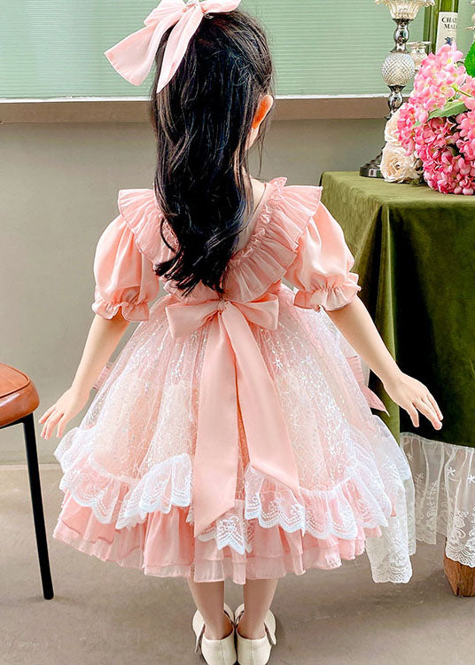 Boutique Pink Ruffled Bow Patchwork Tulle Kids Dress Summer