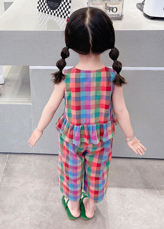 Boutique Plaid Ruffled Tops and Pants Cotton Kids Two Pieces Set Sleeveless