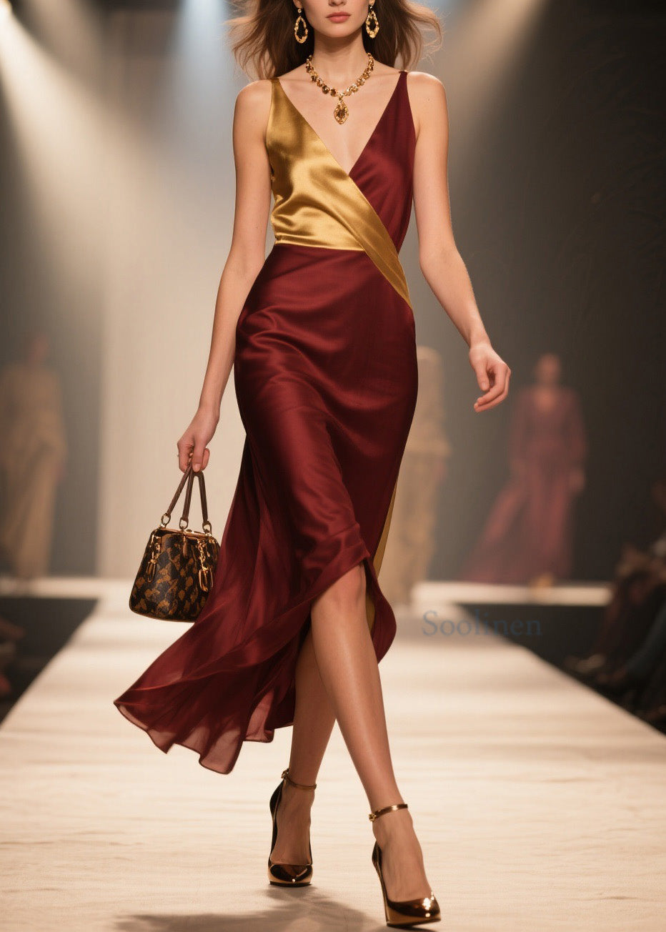 Boutique V Neck Patchwork Silk Spaghetti Strap Dress Summer