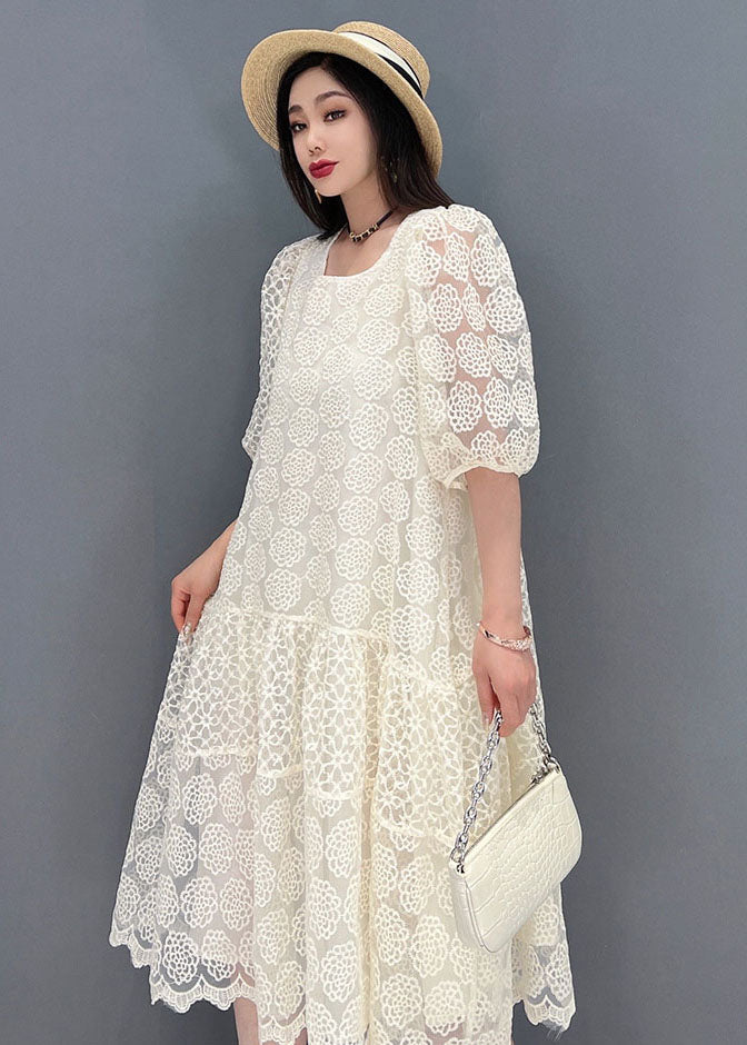 Boutique White O-neck Patchwork Lace Long Dress Half Sleeve