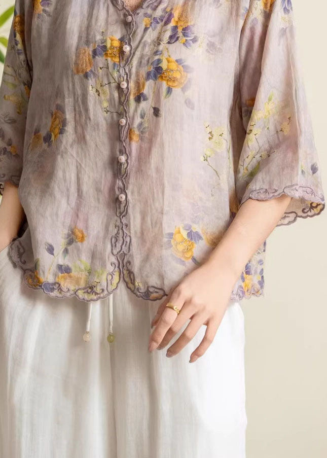 Boutique Yellow V Neck Embroidered Linen Blouses Summer